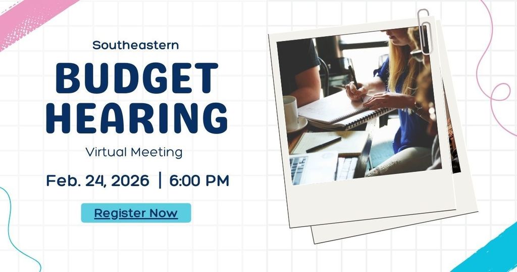 The announcement of a virtual budget hearing on February 24, 2026 includes blue lettering on a white grid background and  a photo of a woman working at a desk 