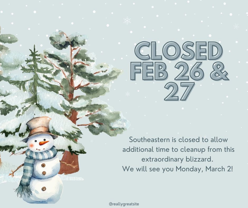 A snowman is standing in front of snow-covered fir trees. Large letters announce that school is closed February 26 and 27. Smaller lettering explains that school is closed to allow more time for snow cleanup. 