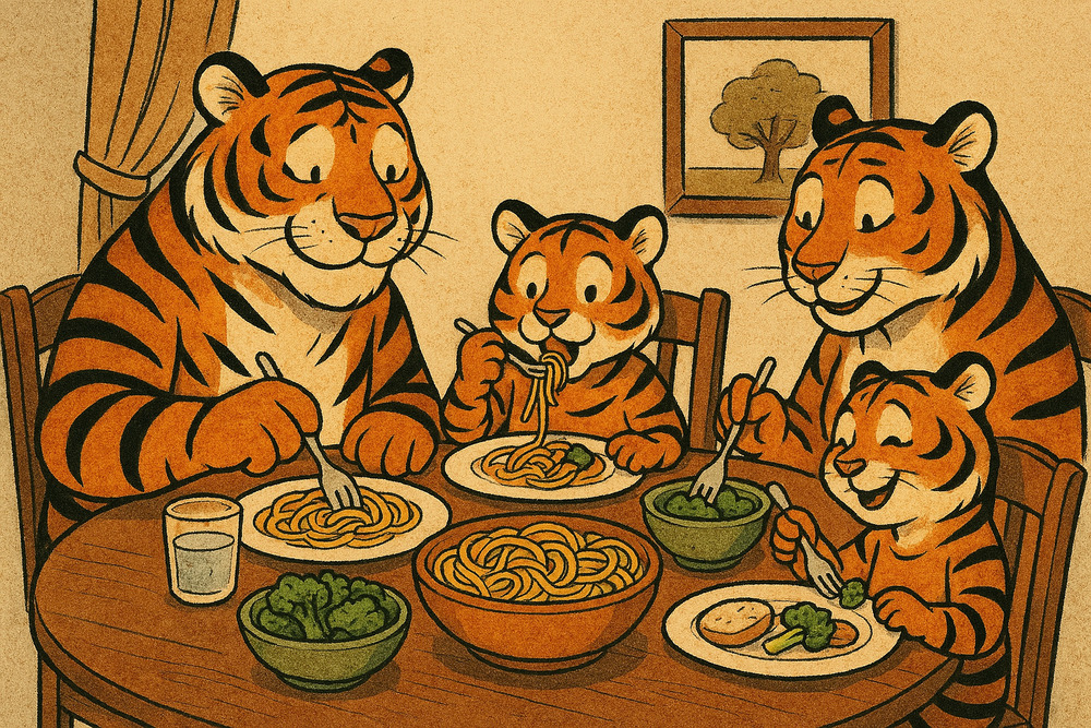 Family of Tigers Eating