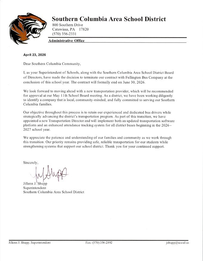 Letter from the Superintendent to the Southern Columbia Community