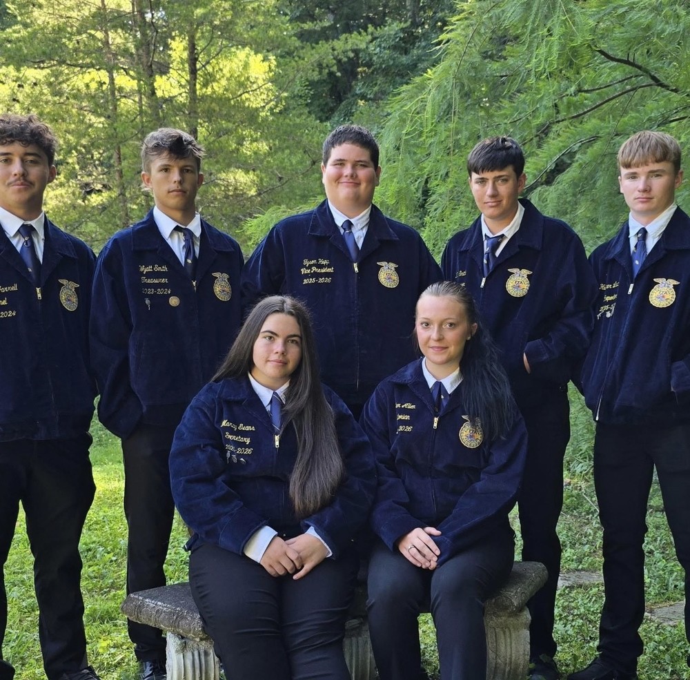 Your 2025-2026 FFA Officers. Front row, left to right, Marcy Evans (Secretary), Skyler Allen (Historian). Back row, left to right, Hunter Jarrell (Sentinel), Wyatt Smith (President) , Tyson Hupp (Vice president), Will Smith (Treasurer) Hunter Lackey (Reporter) .