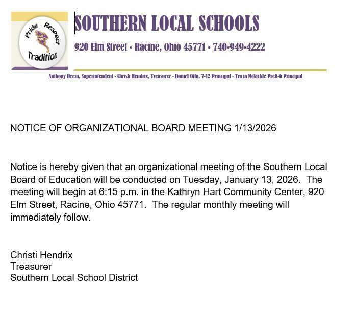 Notice of Organizational Board Meeting 1/13/2026