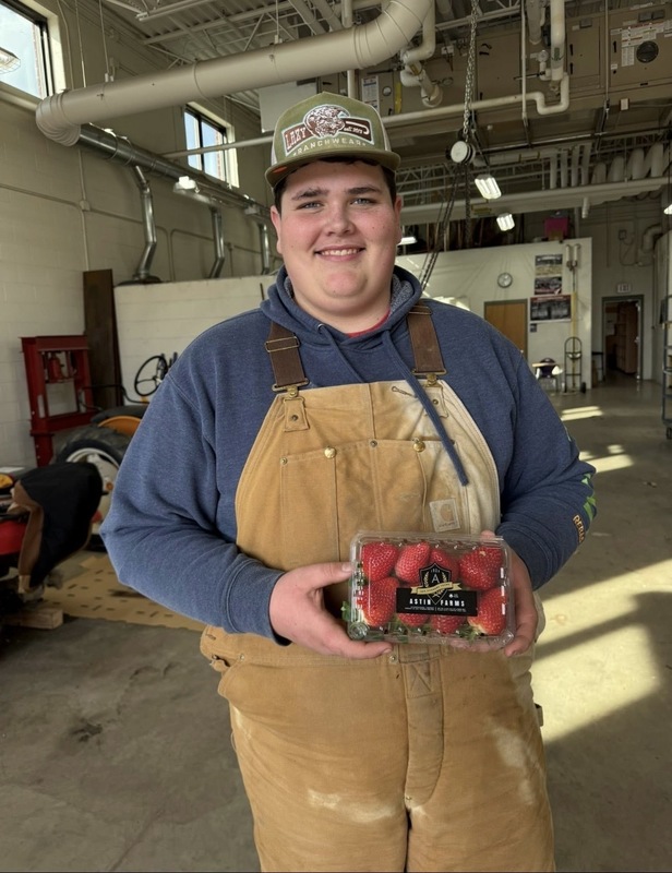 Tyson Hupp, top strawberry seller, holding his strawberries 