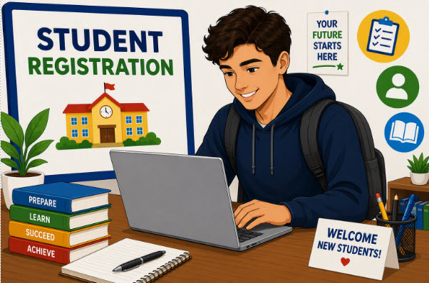 Student registering on laptop