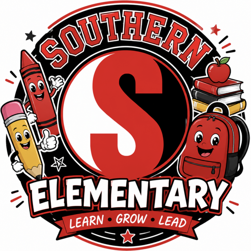 The image is a graphic for Southern Elementary with cartoon supply characters. With the heading of Learn, Grow, Lead.
