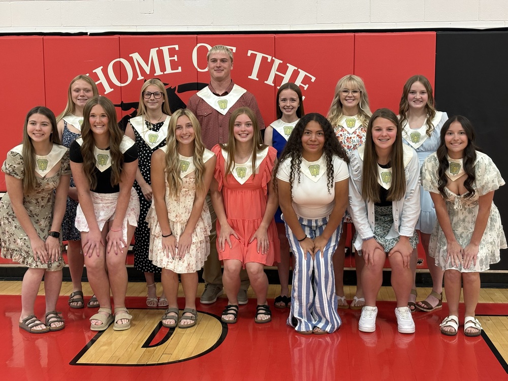 A group of high schools students pose together in a school gymnasium in front of red wall padding. Students are wearing dressy spring outfits and white National Honor Society sashes.