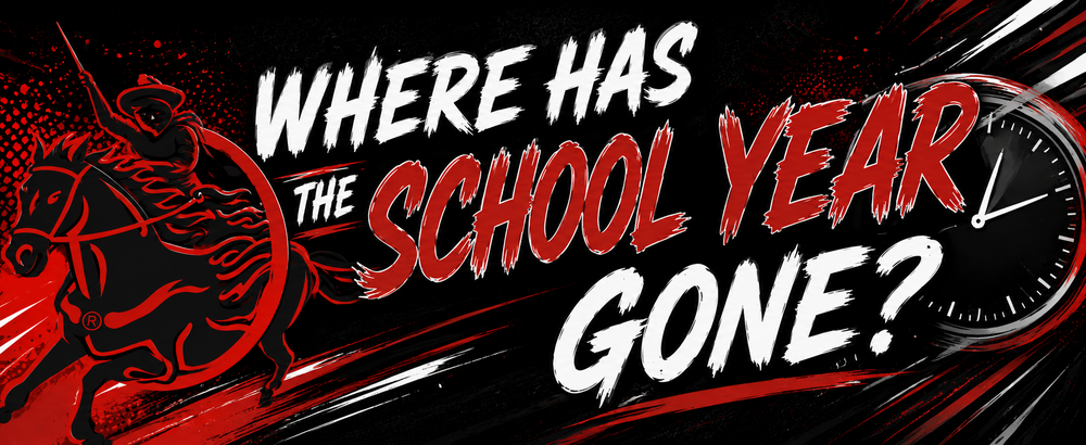 Wide header-style graphic in black, red, and white featuring the Southern Raiders rider logo on the left and bold, brush-style text reading “Where Has the School Year Gone?” across the center. Dynamic paint streaks and motion lines add energy, with a clock graphic on the right symbolizing time passing. The overall design is high-contrast, fast-paced, and school-spirited.