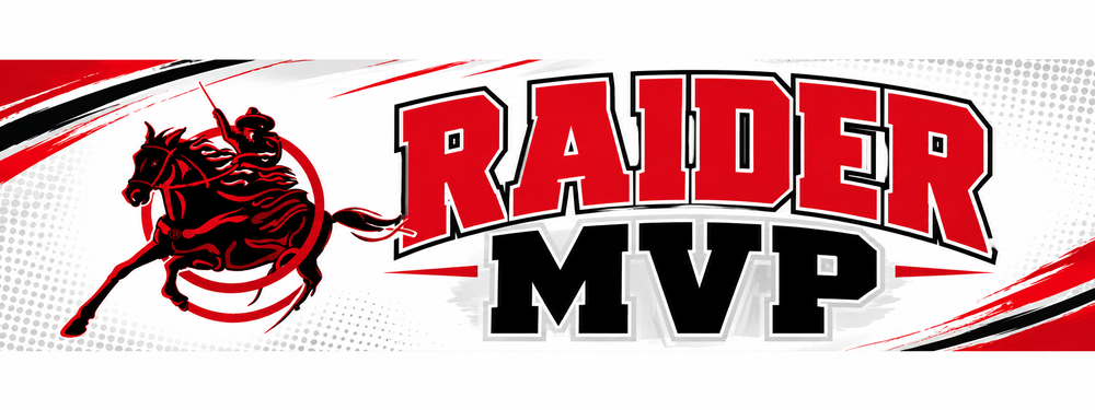 Southern Public Schools “Raider MVP” banner featuring the red and black Southern Raider mascot on horseback. Large red and black text reads “RAIDER MVP” against a white background with red, black, and gray graphic accents.
