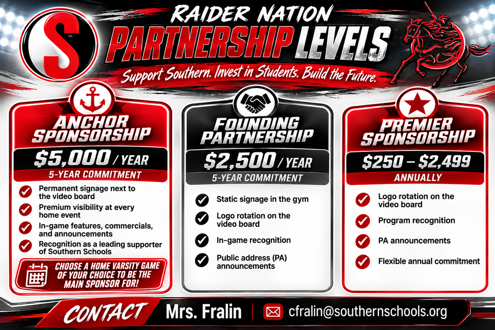Raider Nation Partnership Levels graphic in Southern’s red, black, and white colors. Anchor Sponsorship is $5,000 per year for five years and includes permanent video board signage, premium home-event visibility, in-game features, commercials and announcements, recognition, and the choice of a home varsity game to serve as the main sponsor. Founding Partnership is $2,500 per year for five years and includes gym signage, video board logo rotation, in-game recognition, and PA announcements. Premier Sponsorship ranges from $250 to $2,499 annually and includes video board logo rotation, program recognition, PA announcements, and a flexible annual commitment. Contact Mrs. Fralin at cfralin@southernschools.org.