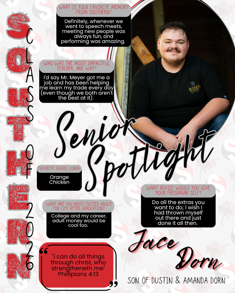 Senior Spotlight graphic featuring Jace Dorn seated outdoors. Includes his favorite memory of speech meets, most impactful teacher (Mr. Meyer), favorite lunch (Orange Chicken), excitement about college and career, advice to do all the extras, and a Bible verse (Philippians 4:13). Labeled Class of 2026 and son of Dustin and Amanda Dorn.