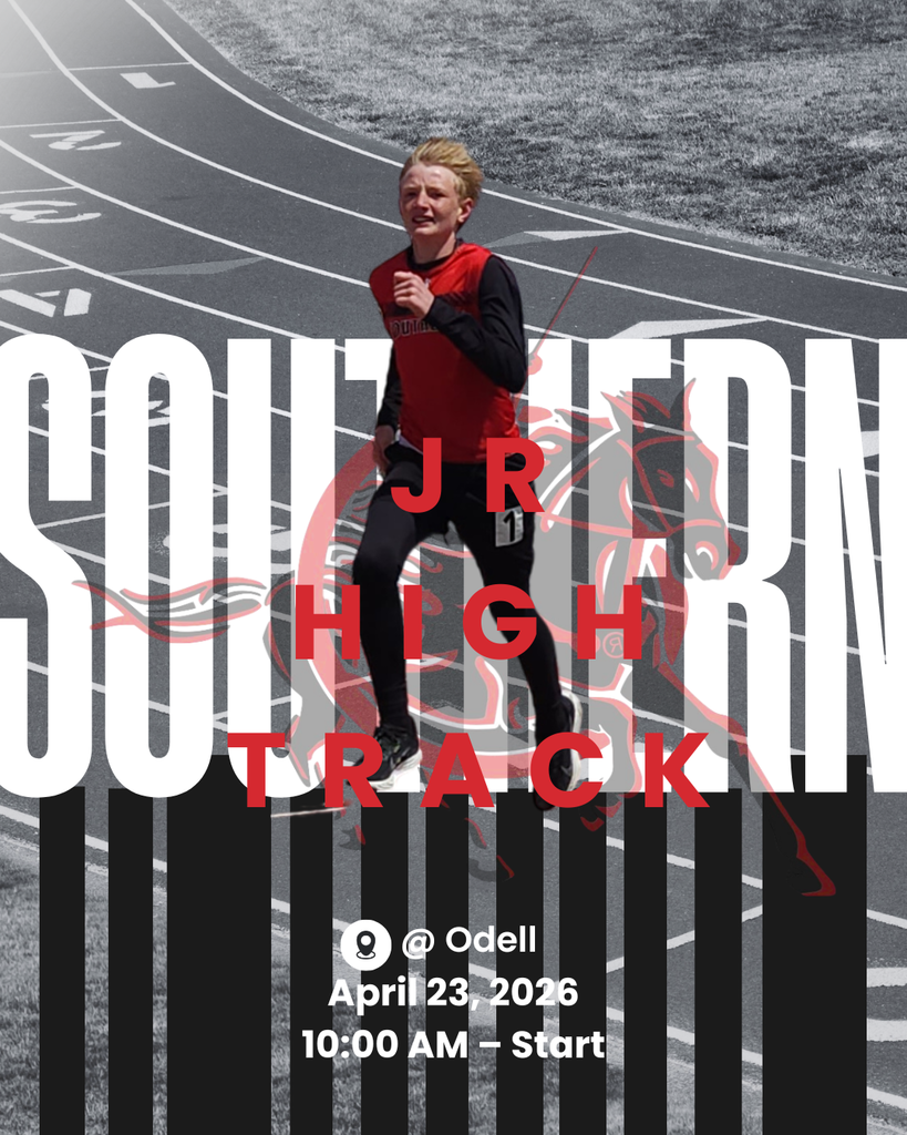 Alt text: Promotional poster for the Southern Junior High Track meet featuring a runner in a red and black uniform sprinting on a track. The background is mostly black and white, while the runner and bold red text stand out in color. Large white vertical text reads “SOUTHERN,” with red text layered in the center reading “JR HIGH TRACK.” A faint red horse mascot graphic appears behind the runner. At the bottom, white text lists the event details: location at Odell, April 23, 2026, and start time at 10:00 AM.
