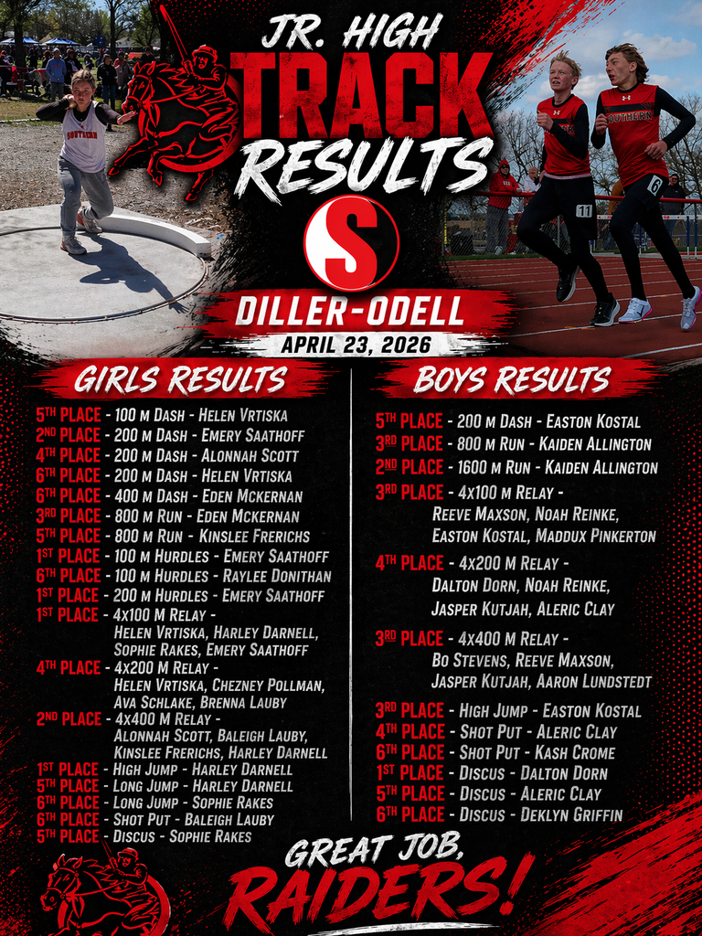 Graphic highlighting Southern Jr. High Track results from the Diller-Odell meet on April 23, 2026. The design features red and black school branding, Southern logos, and action photos of athletes competing in shot put and a distance race. The graphic lists girls and boys individual and relay placements, including multiple first-place finishes in hurdles, relays, high jump, and discus.