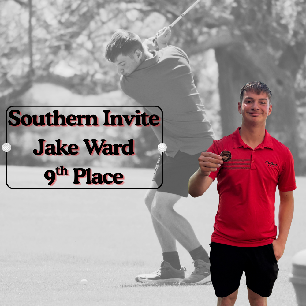 A young man stands in the foreground, smiling and holding up a medal toward the camera. He’s wearing a red polo shirt and black shorts. Behind him, there’s a faded, black-and-white image of him swinging a golf club on a course, captured mid-swing.  On the left side of the image, bold text inside a rounded box reads: “Southern Invite Jake Ward 9th Place.”  Overall, it appears to celebrate his achievement of placing ninth in a golf tournament.