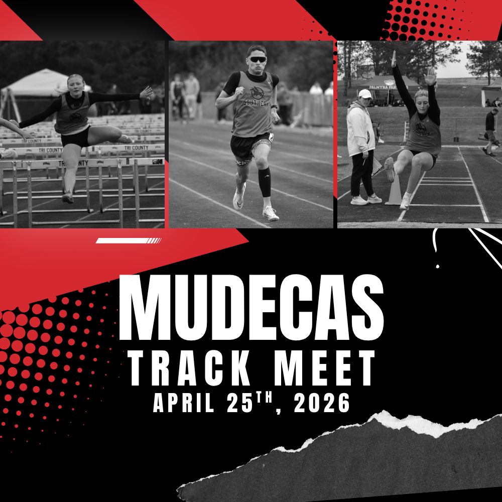 This is a bold, high-contrast promotional poster for a track and field event. Across the top are three black-and-white action photos: On the left, a female athlete is mid-jump over a hurdle, arms out for balance. In the center, a runner sprints straight toward the camera on a track, wearing sunglasses and a sleeveless uniform. On the right, another female athlete is captured mid-air during a long jump, arms raised as she prepares to land, with a coach or official standing nearby. The background design uses sharp, angular shapes in red and black, with dotted graphic patterns that give it an energetic, sporty feel. Centered in large, bold white letters near the bottom, the text reads: “MUDECAS TRACK MEET” Below that, in smaller white text: “APRIL 25TH, 2026” At the very bottom is a torn-paper-style gray texture, adding a rugged visual effect.