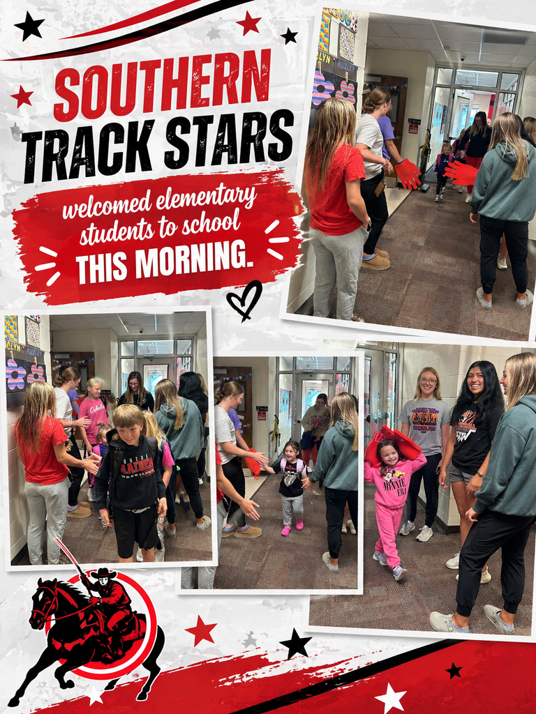 A group of Southern high school track athletes stand in a school hallway forming a welcoming line as elementary students walk through. The athletes smile, cheer, and offer high-fives using red foam hands. Younger students, wearing backpacks and colorful outfits, walk between them smiling and interacting. The hallway is decorated with student artwork, and the scene captures a fun, supportive start to the school day filled with Raider pride.