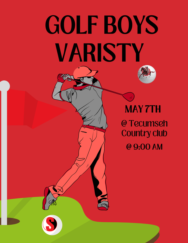 A bold red poster advertising a boys varsity golf event. At the top, large black text reads “GOLF BOYS VARSITY.” In the center, there is a stylized illustration of a golfer in mid-swing wearing a cap, shirt, and pants in red and gray tones. To the right, text reads “May 7th @ Tecumseh Country Club @ 9:00 AM.” A golf ball with a logo appears near the text. On the left side, a flagstick and hole are shown on a green patch of grass, and another golf ball with a red “S” is near the bottom.