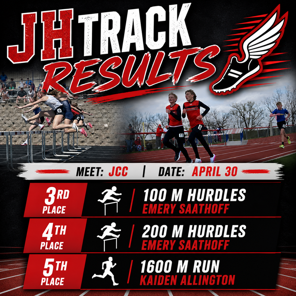 A bold red, black, and white graphic titled “JH Track Results” highlights Southern junior high track performances from the April 30 meet at JCC. Action photos show athletes clearing hurdles and running on the track. Results listed: Emery Saathoff placed 3rd in the 100m hurdles and 4th in the 200m hurdles, and Kaiden Allington placed 5th in the 1600m run.
