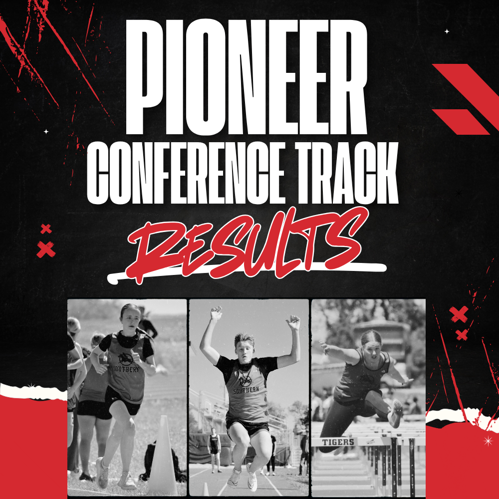The image is a bold, high-contrast sports graphic announcing results for a track and field event.  At the top, large white block letters read “PIONEER CONFERENCE TRACK.” Below that, the word “RESULTS” appears in a bright red, graffiti-style script with a white underline, making it stand out as the focal point.  The background is mostly black with a gritty, textured look, accented by red paint splashes, diagonal streaks, and small decorative marks that give it an energetic, competitive feel.  Along the bottom are three black-and-white action photos placed side by side:  On the left, a young athlete runs on a grassy field, passing a cone, with other runners blurred in the background. In the center, another athlete is mid-jump on a track, arms raised overhead, knees bent, captured in the air during a field event. On the right, a runner is leaping over a hurdle on a track, body angled forward with intense focus.