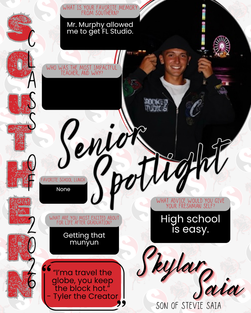 Senior spotlight graphic featuring Skylar Saia (Class of 2026). Includes a nighttime portrait with carnival lights in the background. Text shares his favorite memory involving Mr. Murphy and FL Studio, no favorite school lunch, excitement about earning money after graduation, and advice that high school is easy. Includes a quote by Tyler, the Creator.