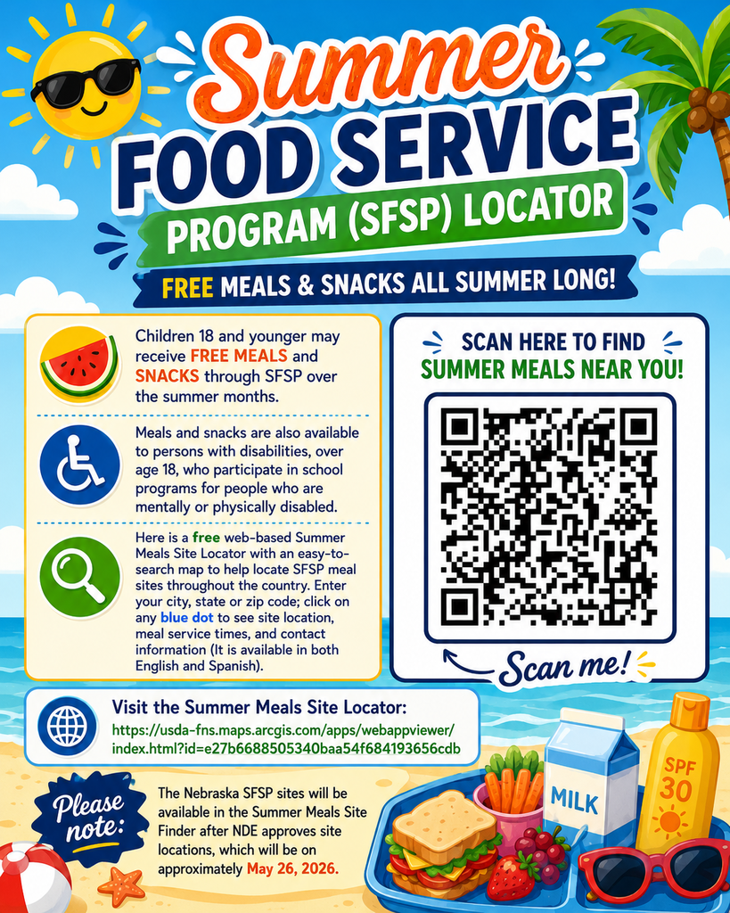 A colorful summer-themed graphic promoting the Summer Food Service Program (SFSP). The design features bright sunshine, beach elements, and fun food illustrations like watermelon, sandwiches, fruit, and milk. The headline reads “Summer Food Service Program (SFSP) Locator” with a message that free meals and snacks are available all summer long for children 18 and under. It also notes that individuals over 18 with disabilities who participate in school programs may qualify. A large QR code is displayed with “Scan me” to find nearby meal sites. Additional text explains that users can search by city, state, or zip code to find locations, meal times, and contact information in English or Spanish. A note at the bottom states Nebraska sites will be available after approval around May 26, 2026, along with the website link to the Summer Meals Site Locator.