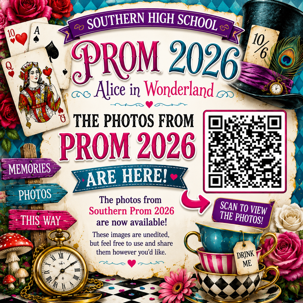 Colorful Alice in Wonderland-themed graphic for Southern High School Prom 2026. The graphic features playing cards, roses, a Mad Hatter-style hat, teacups, mushrooms, a pocket watch, and bright pink and teal accents. Large text reads “The Photos From Prom 2026 Are Here!” A QR code is included for students and families to scan and access the unedited prom photo gallery.