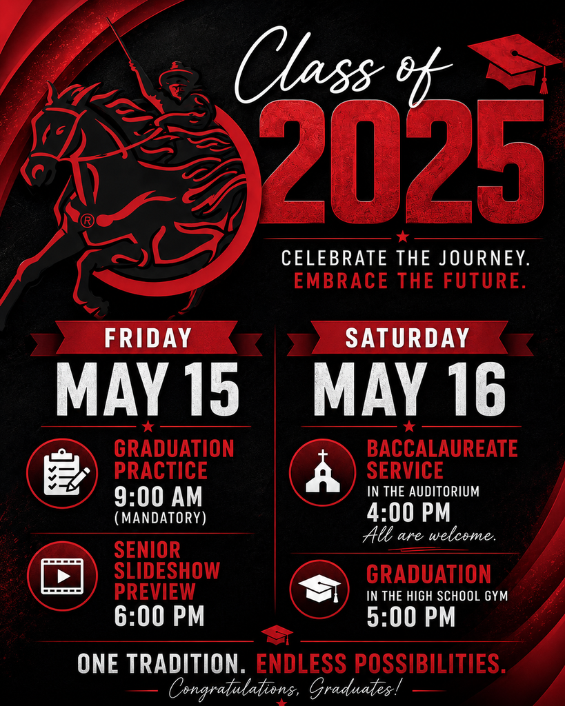 A red, black, and white Southern Raiders graduation graphic featuring the Class of 2026. The left side includes the Southern horse and rider logo. The graphic lists important graduation events.  Friday, May 15: Graduation Practice at 9:00 AM (Mandatory) Senior Slideshow Preview at 6:00 PM  Saturday, May 16: Baccalaureate Service in the auditorium at 4:00 PM (All are welcome) Graduation in the high school gym at 5:00 PM  The design includes graduation icons such as a cap, church, and checklist, along with celebratory text honoring the graduates.