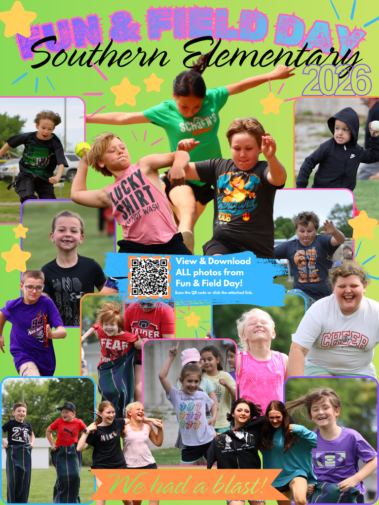 Colorful social media graphic for Southern Elementary 2026 Fun & Field Day featuring a collage of students participating in races, games, and outdoor activities on the football field. The graphic includes bright green, pink, blue, and orange accents with playful stars and doodles. A QR code in the center directs families to view and download all Fun & Field Day photos. Text on the graphic reads: “Southern Elementary 2026 Fun & Field Day,” “View & Download ALL photos from Fun & Field Day,” and “We had a blast!”