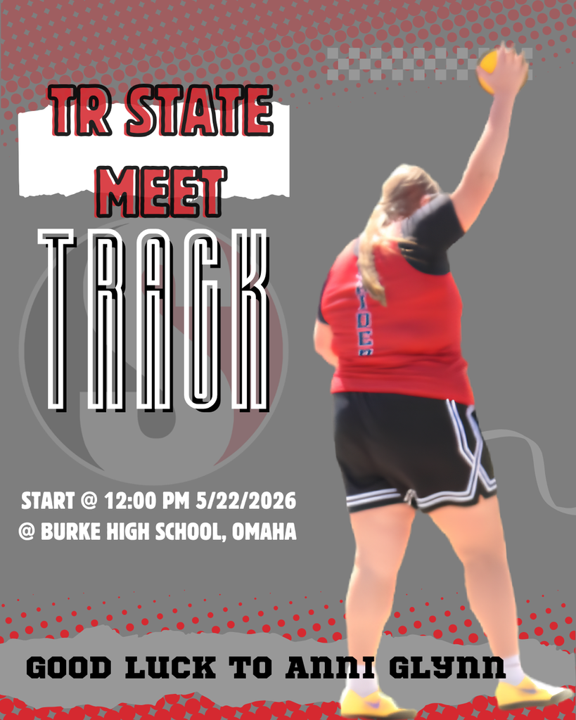 Poster promoting a state track meet featuring a female athlete in a red jersey preparing to throw discus. The design includes red and gray graphics with bold text reading “TR State Meet Track.” Event details say the meet starts at 12:00 PM on May 22, 2026, at Burke High School in Omaha, and the bottom message reads “Good Luck to Anni Glynn.”