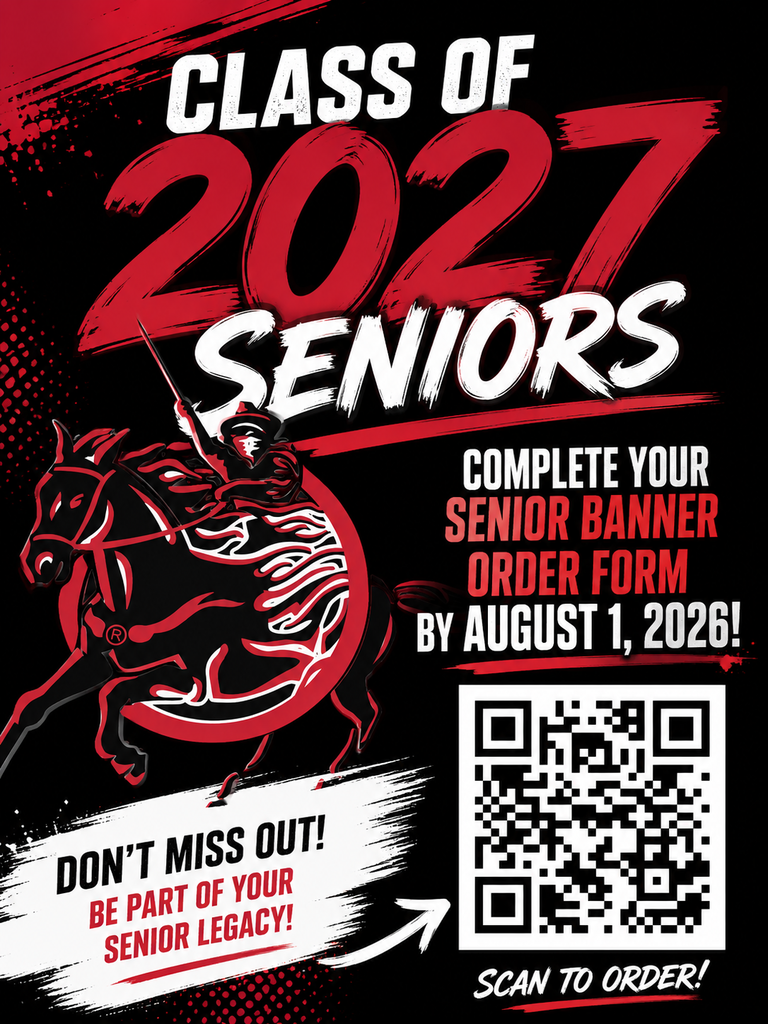 Black, red, and white graphic promoting Southern Class of 2027 senior banner orders. Large text reads “Class of 2027 Seniors” with information reminding seniors to complete their senior banner order form by August 1, 2026. The graphic includes a QR code to scan, the Southern Raider logo, and text encouraging students to “Be Part of Your Senior Legacy.”