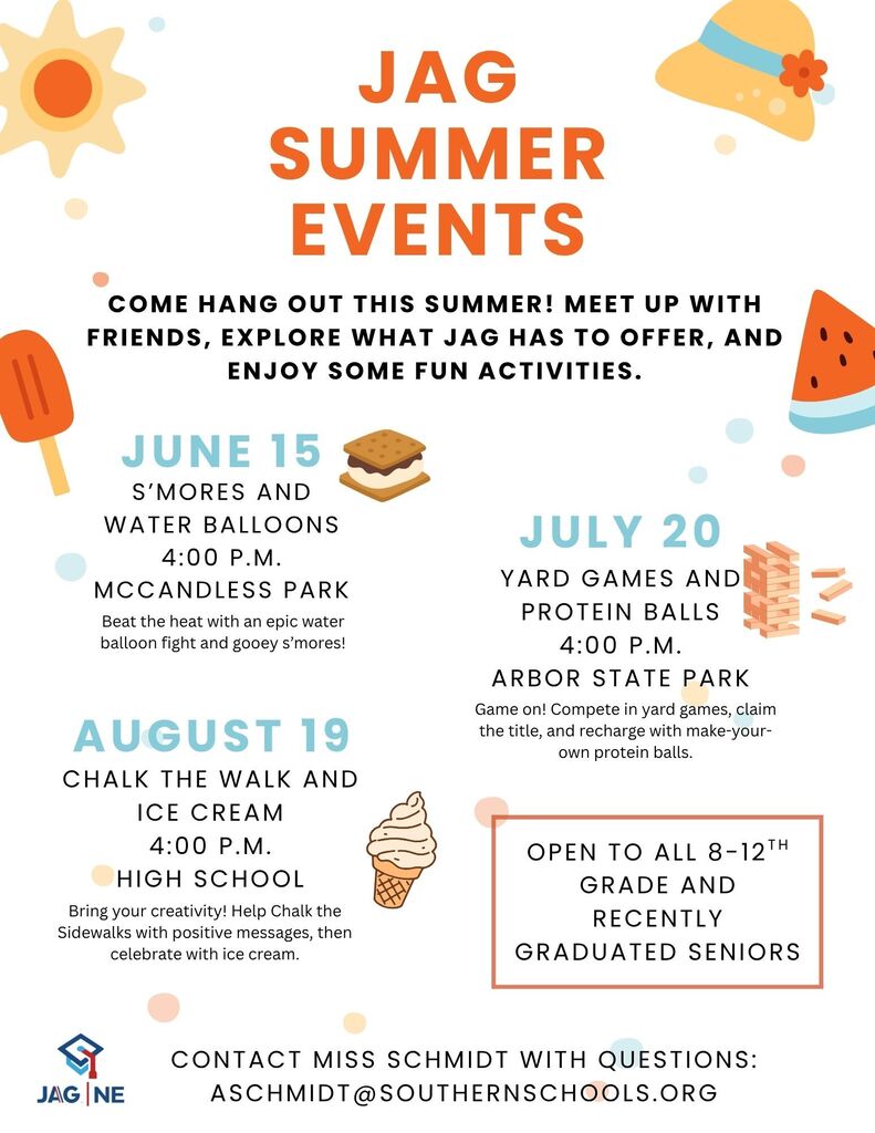 A flyer describing the Summer JAG Events offered to high school students.
