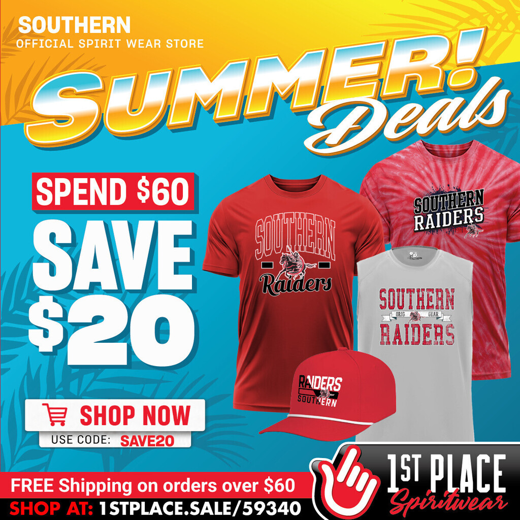 Colorful promotional graphic for the Southern Official Spirit Wear Store summer sale. Large text reads “SUMMER Deals!” and advertises “Spend $60, Save $20” with promo code SAVE20. The graphic features Southern Raiders apparel including a red T-shirt, red tie-dye T-shirt, gray tank top, and red Raiders cap. Additional text encourages shoppers to “Shop Now” and notes Free Shipping on orders over $60. The store website, 1stplace.sale/59340, appears at the bottom alongside the 1st Place Spiritwear logo. Bright summer-themed colors, palm leaves, and beach-inspired graphics fill the background.