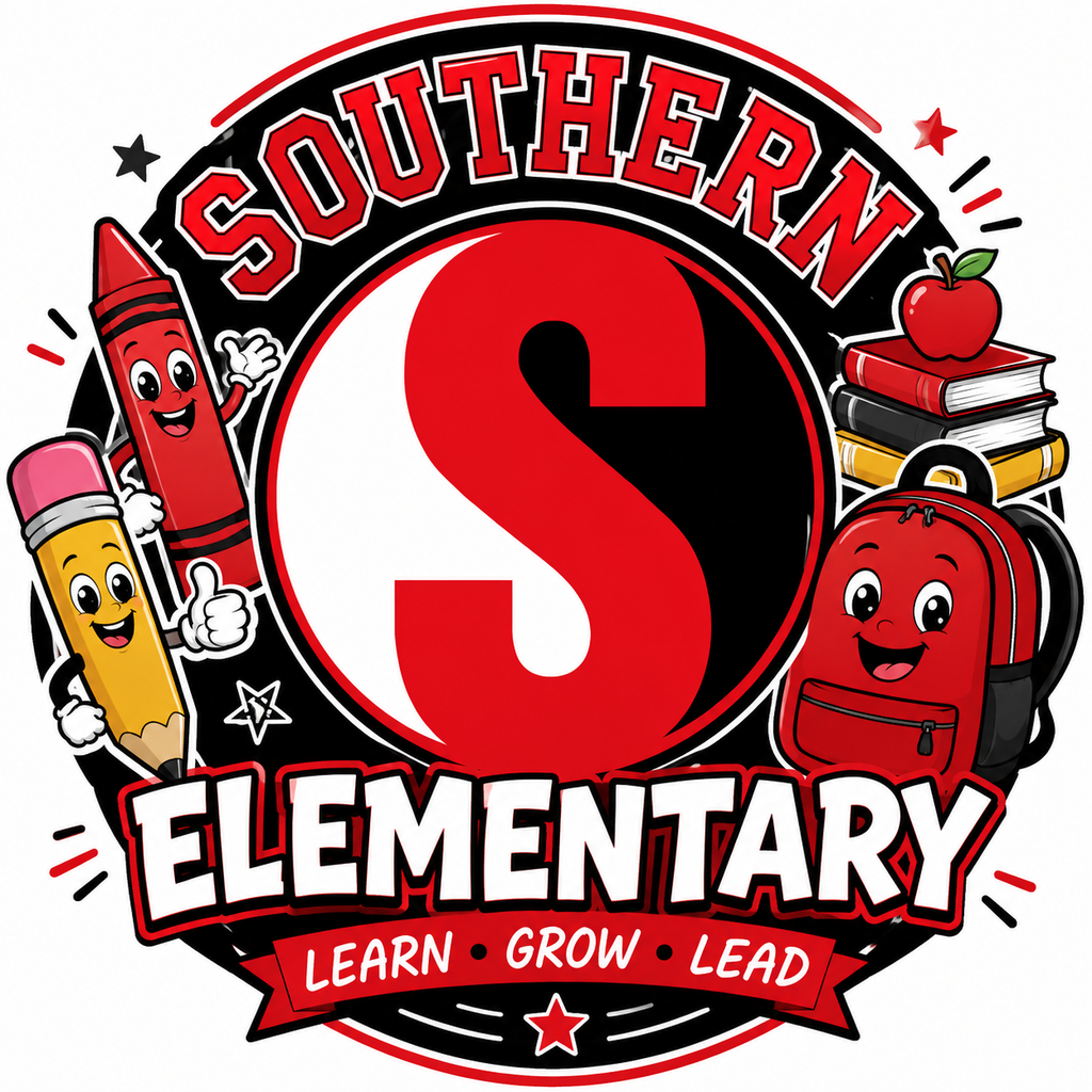 A fun and colorful Southern Elementary logo featuring the school's red, black, and white "S" emblem at the center. Surrounding the logo are smiling school-themed characters, including a pencil, crayon, backpack, books, and an apple. The design includes the words "Southern Elementary" and the motto "Learn • Grow • Lead," creating a playful and welcoming look that celebrates learning and school pride.