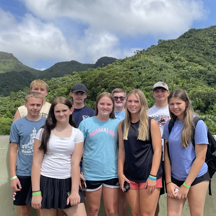 pic of group atop Yokahu Tower in El Yunque Rainforest