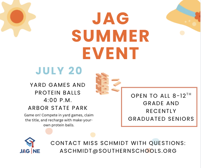 Flyer explaining the summer event JAG is sponsoring for 8-12th grade students on July 20th