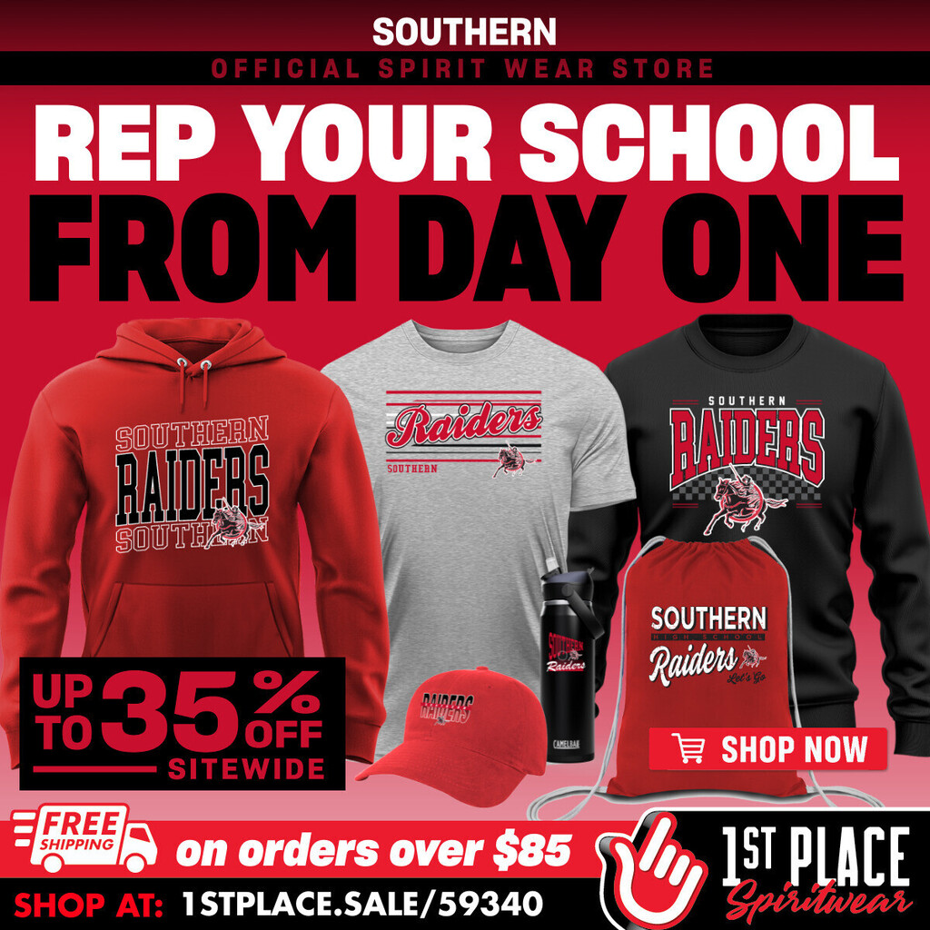 Promotional graphic for Southern’s Official Spirit Wear Store featuring red, gray, and black Southern Raiders apparel and accessories. The sale offers up to 35% off sitewide and free shipping on orders over $85. Shop at 1stplace.sale/59340.