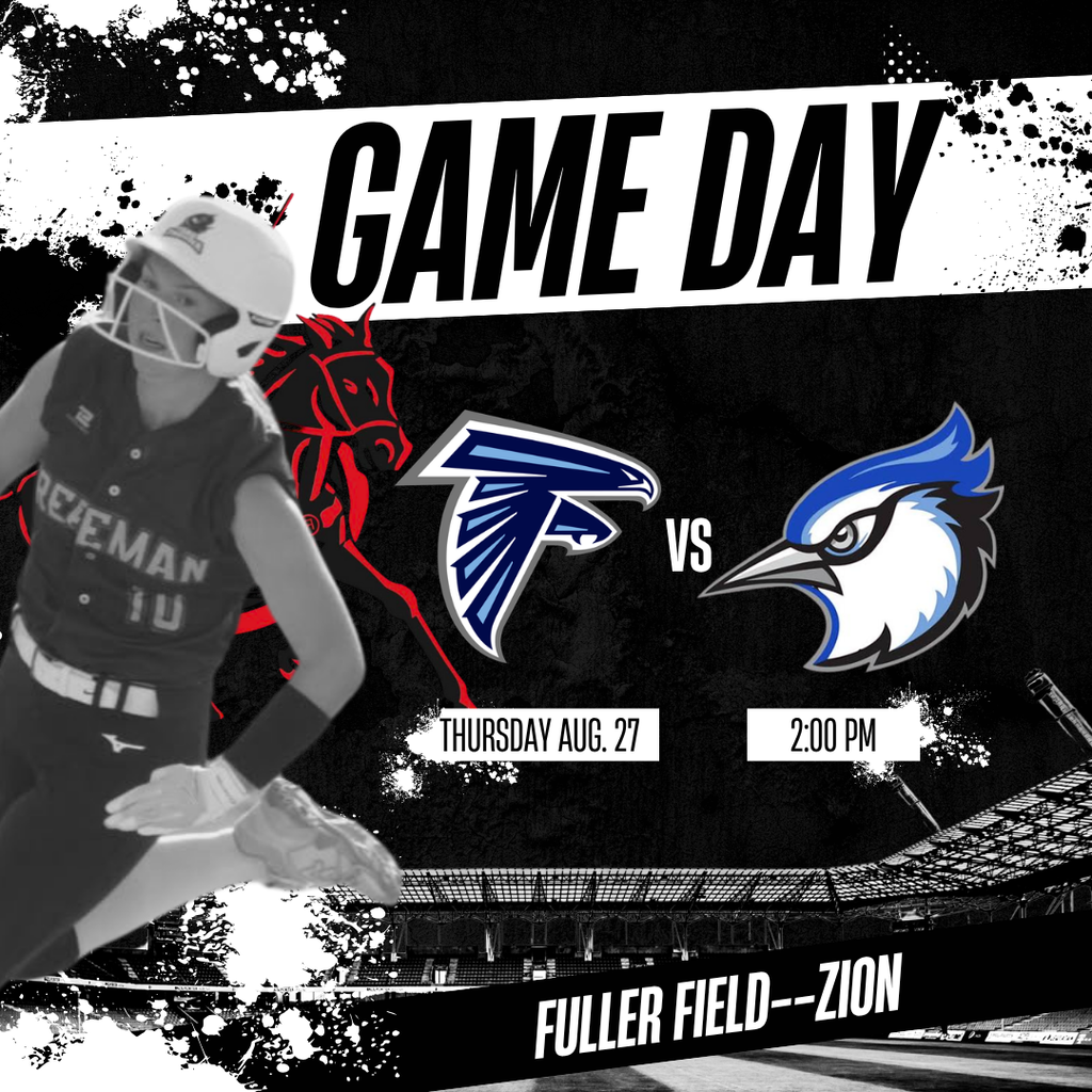 Southern-Freeman-Lewiston Softball game day graphic announcing Southern-Freeman-Lewiston vs. Falls City on Thursday, August 27, at 5:00 PM at Fuller Field. The graphic features a softball player with bold red, black, and white branding.