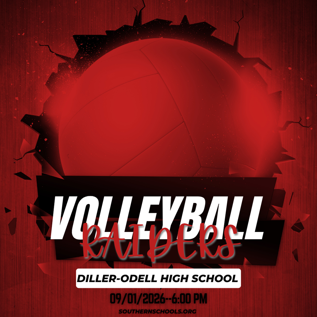 Red and black Southern Raiders volleyball game graphic announcing Southern vs. Diller-Odell High School on September 1, 2026, at 6:00 PM. The design features a large volleyball with bold “Volleyball Raiders” lettering.