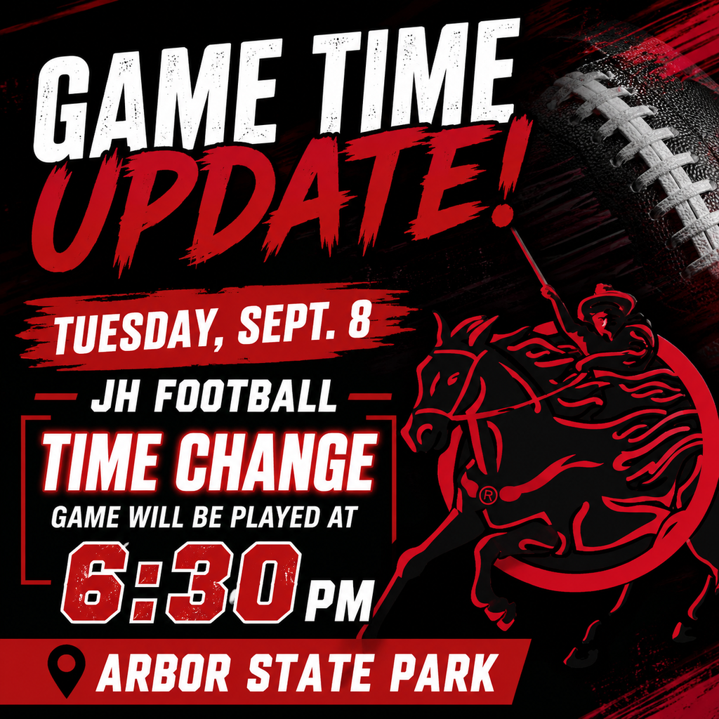 Black, red, and white JH Football time update graphic featuring the Raider mascot. The graphic announces that the Tuesday, Sept. 8 game will be played at 6:30 PM at Arbor State Park.