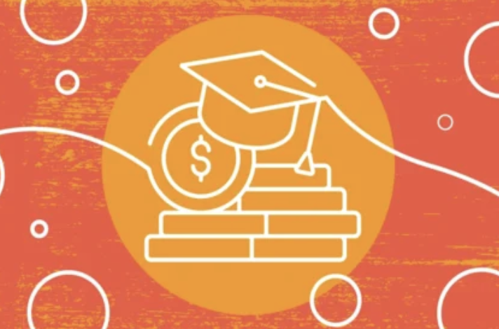 Graphic featuring a white outline of a graduation cap resting on stacked books, with a dollar sign inside a circle, symbolizing the cost or financial aspect of education. The design is set against an orange and yellow background.