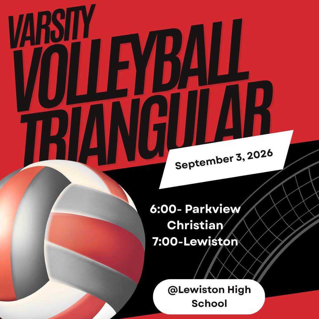 Graphic for a varsity volleyball match on September 3, 2026, at Lewiston High School. The schedule lists Parkview Christian at 6:00 PM and Lewiston at 7:00 PM. The design features large black “Varsity Volleyball” text on a red background, a volleyball, and a net.