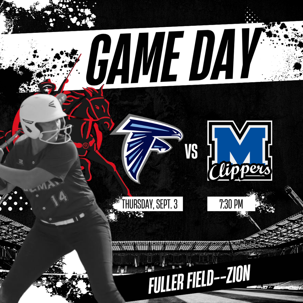 Game Day graphic for Southern-Freeman-Lewiston Softball. The team plays Malcolm on Thursday, Sept. 3 at 7:30 PM at Fuller Field in Zion. Parents Night will be held before the game. Graphic features a softball player, team logos, and a black, white, and red sports-themed design.