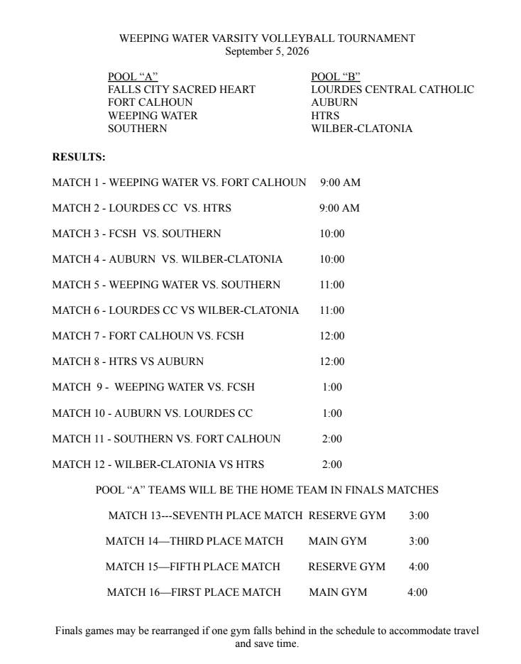 Weeping Water Varsity Volleyball Tournament schedule for Sept. 5, 2026. Southern is in Pool A with Falls City Sacred Heart, Fort Calhoun, and Weeping Water. Southern plays Falls City Sacred Heart at 10:00 AM, Weeping Water at 11:00 AM, and Fort Calhoun at 2:00 PM. Placement matches begin at 3:00 PM.