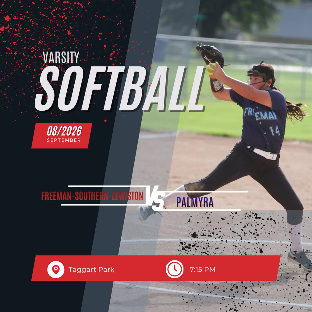 Varsity softball game poster featuring a softball player in action. The poster announces Freeman-Southern-Lewiston vs. Palmyra on September 8, 2026, at 7:15 PM at Taggart Park.