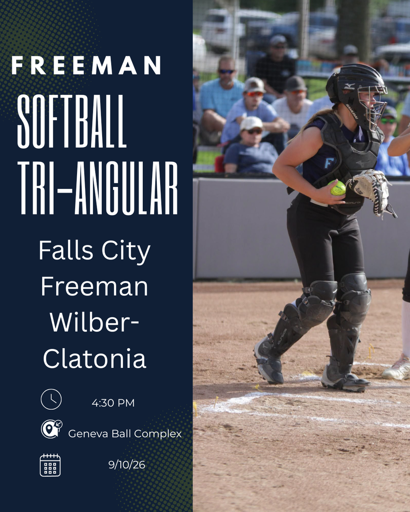 A softball player in full catcher’s gear stands on the field holding a softball and glove. Text on the left announces a Freeman Softball Tri-Angular in Falls City, Nebraska, at 4:30 p.m. on September 10, 2026, at the Geneva Ball Complex.