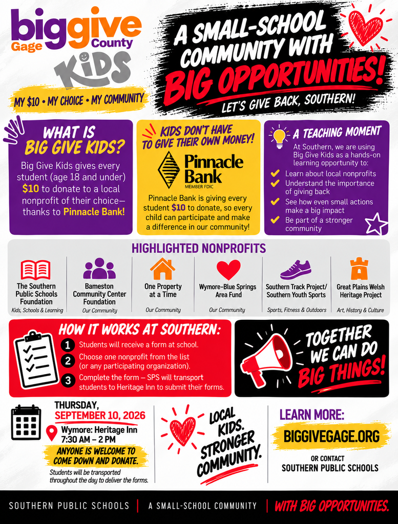 Big Give Kids infographic for Southern Public Schools explaining that Pinnacle Bank provides students age 18 and under with $10 to donate to a participating nonprofit of their choice, so students do not need to use their own money. Southern will use the program as a teaching opportunity about giving back and will transport students to Heritage Inn to submit completed forms. The graphic highlights the Southern Public Schools Foundation, Barneston Community Center Foundation, One Property at a Time, Wymore-Blue Springs Area Fund, Southern Track Project/Southern Youth Sports, and Great Plains Welsh Heritage Project. Big Give is Thursday, September 10, 2026, at Heritage Inn in Wymore from 7:30 AM–2:00 PM, and anyone is welcome to come down and donate.