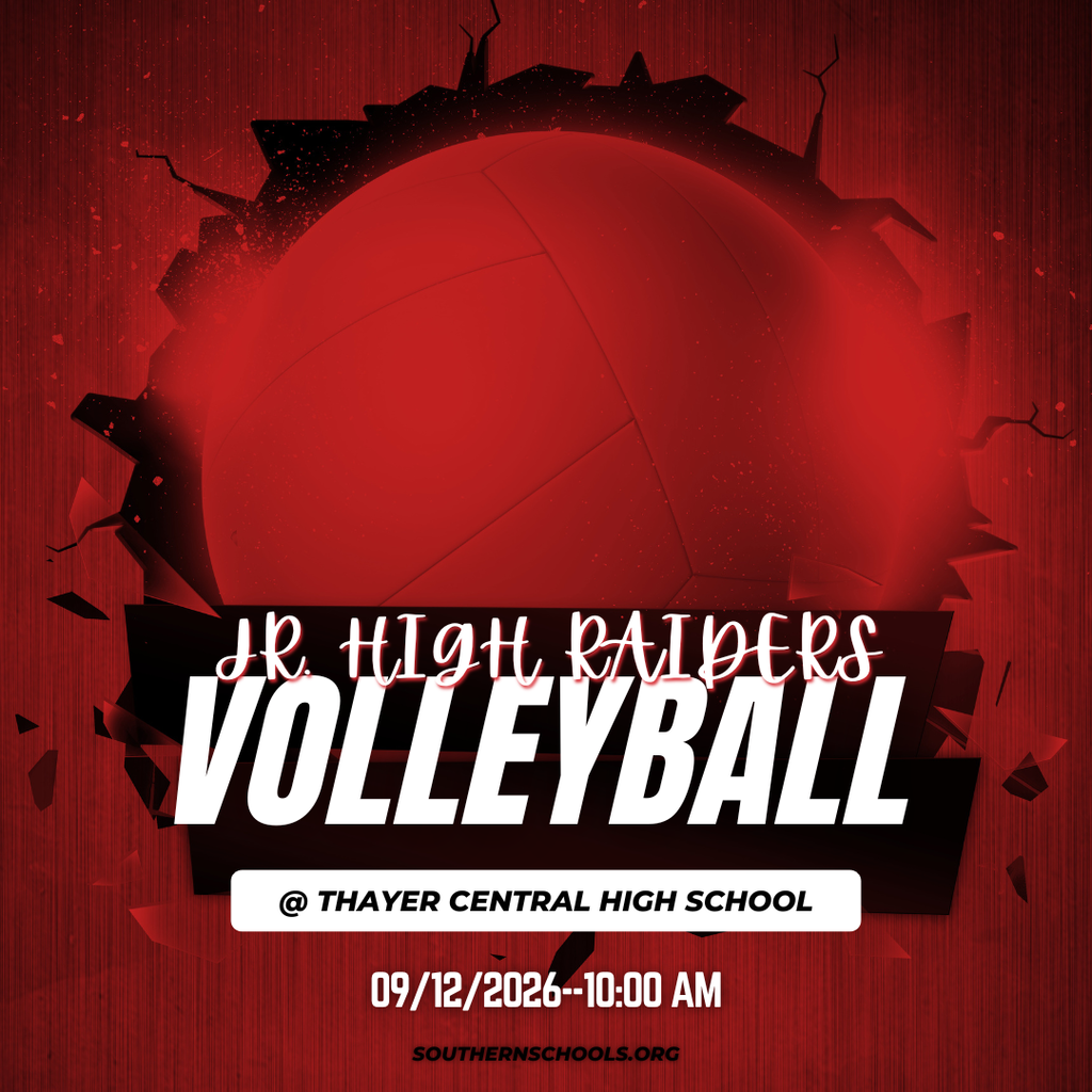 Red and black Southern Jr. High Raiders volleyball graphic announcing competition at Thayer Central High School on Saturday, September 12, 2026, beginning at 10:00 AM.