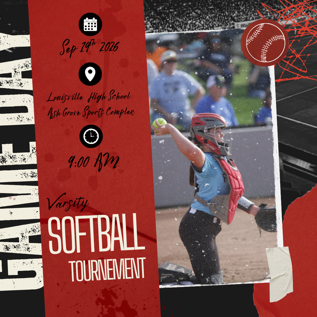 Graphic for a varsity softball tournament featuring a softball player throwing a pitch, with details for September 14, 2026, at Louisville High School Ash Grove Sports Complex at 9:00 AM.