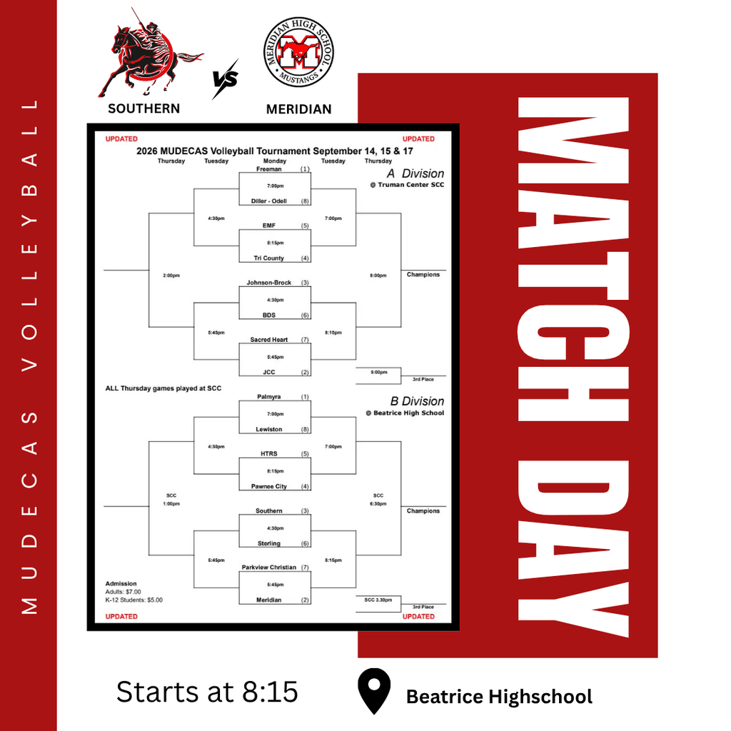 Graphic promoting Southern vs. Meridian volleyball at the 2026 Mudeacas Volleyball Tournament. The game starts at 8:15 at Beatrice High School.