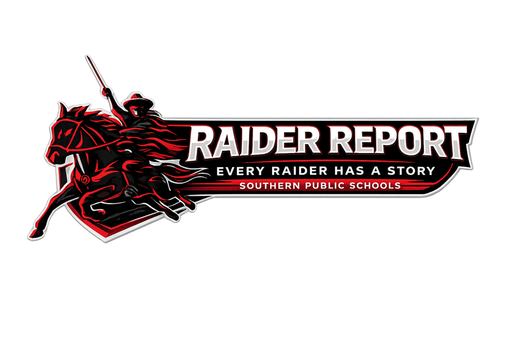 Raider Report logo for Southern Public Schools featuring a red and black Raider riding a horse alongside bold “Raider Report” lettering. Below the title is the tagline “Every Raider Has a Story” and “Southern Public Schools.”