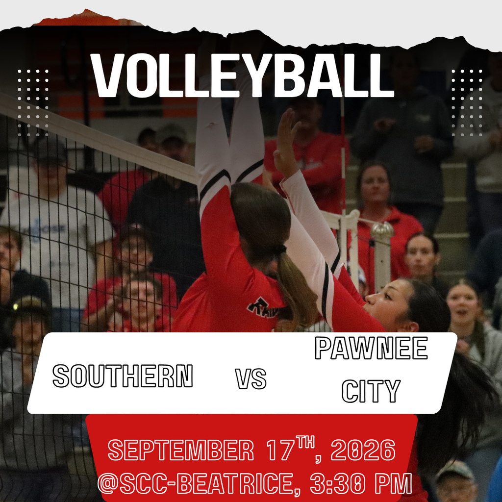 Volleyball graphic showing Southern vs. Pawnee City on September 17, 2026, at SCC-Beatrice. The background features a volleyball game in progress.